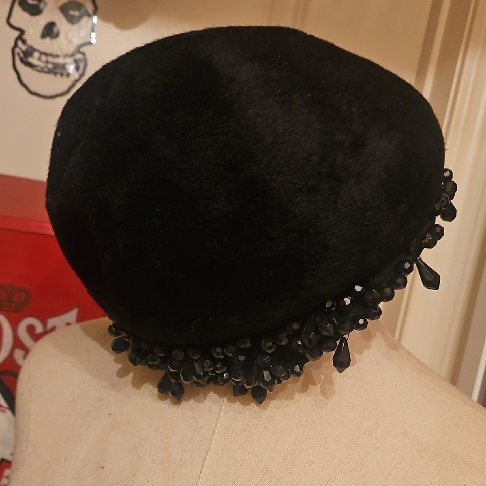 Dior Black Fur Hat/ Chapeaux with Beaded Embellishment - Picture 2 of 6